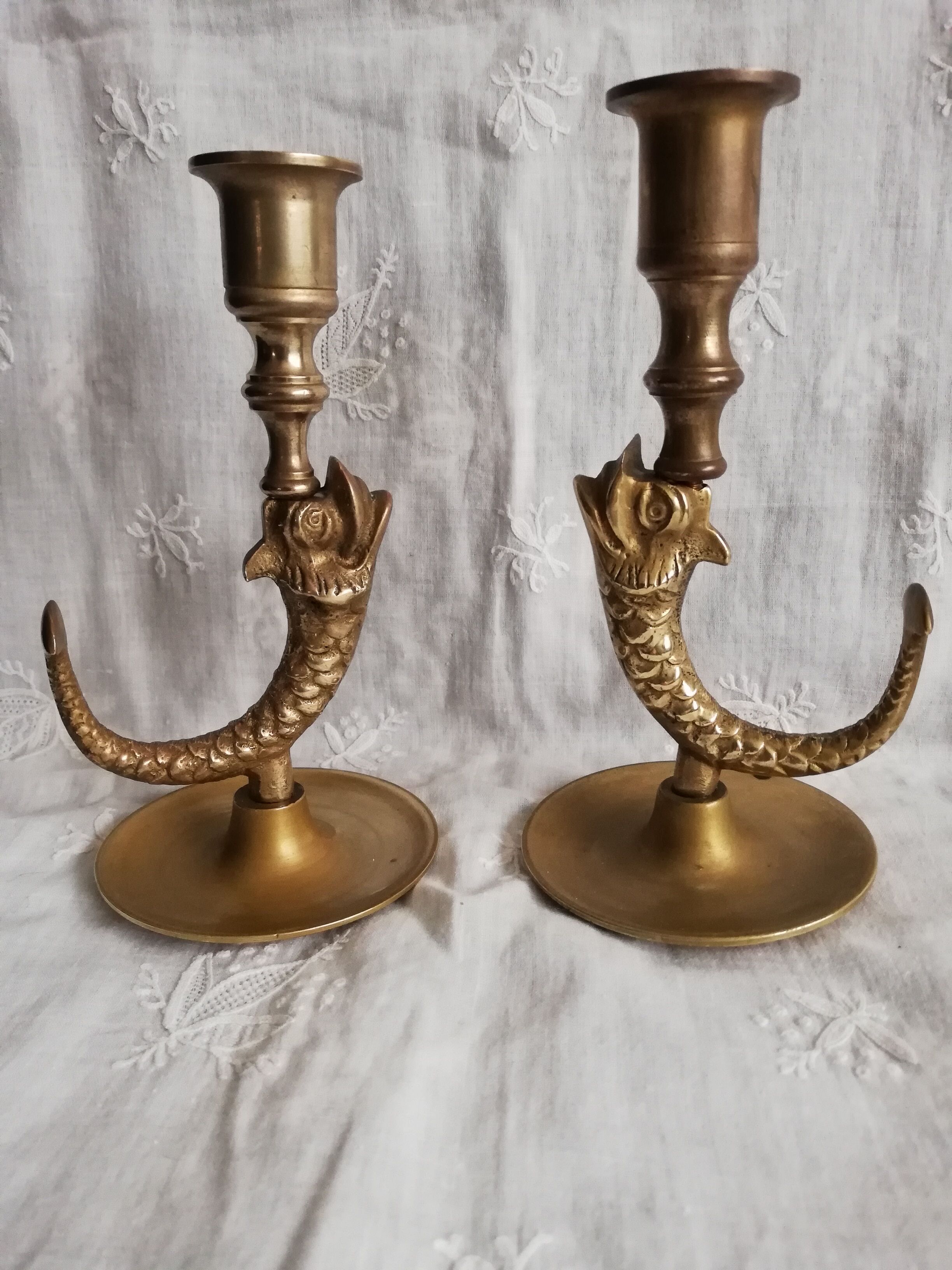 Duo brass fish candlesticks