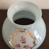 Pale blue opaline lampshade with flower decoration surrounded by a golden frieze