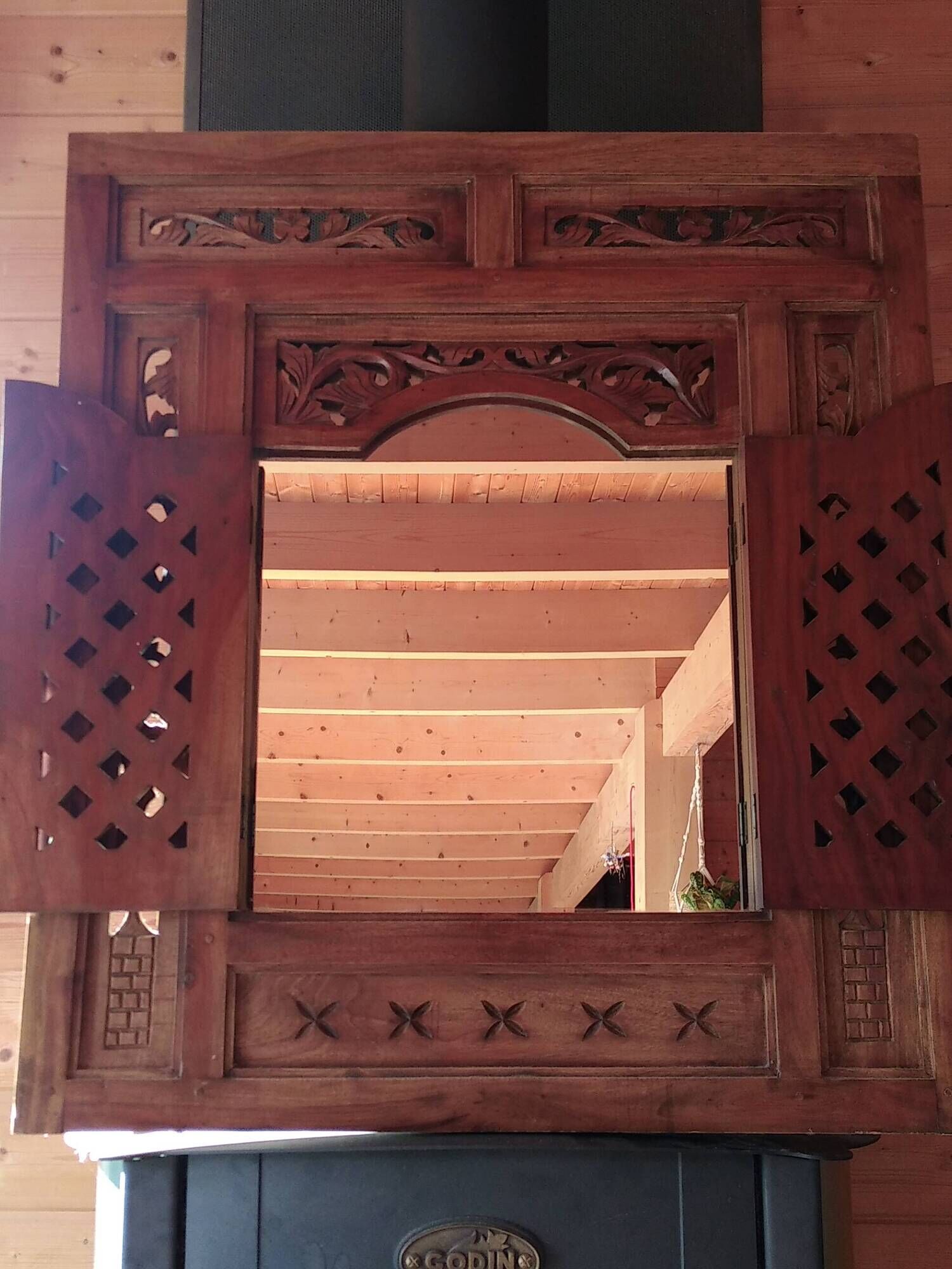 Miroir Balinais Vintage à Porte Volet Sculpté à la Main .