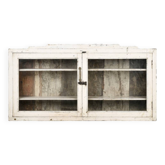 Solid wood wall display case with white patina