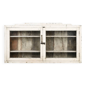 Vitrine murale en bois massif à patine blanche