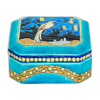 Turquoise box art deco emaux de Longwy parrot, 1925