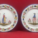 Pair of decorative earthenware plates FAB Quimper Bretagne signed Breton couple