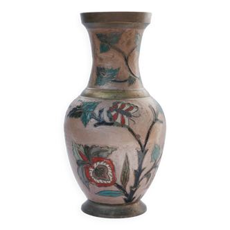 Large Indian metal and brass vase with vintage naive decoration