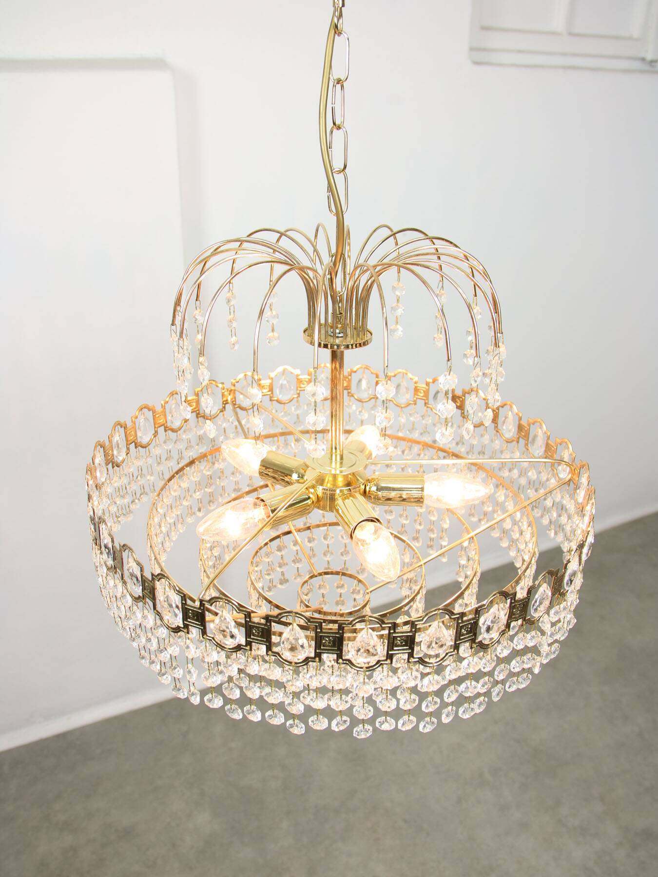 Vintage Italian Crystal and Golden Metal Chandelier, 80s
