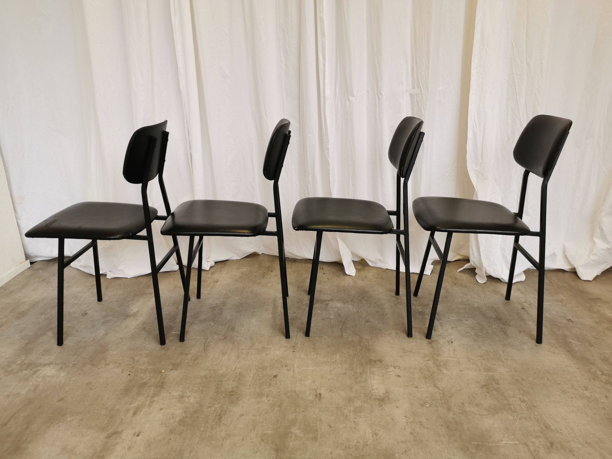 SET of 4 Vintage School Chairs /Black Leather / STOL Kamnik 80s Yugoslavia