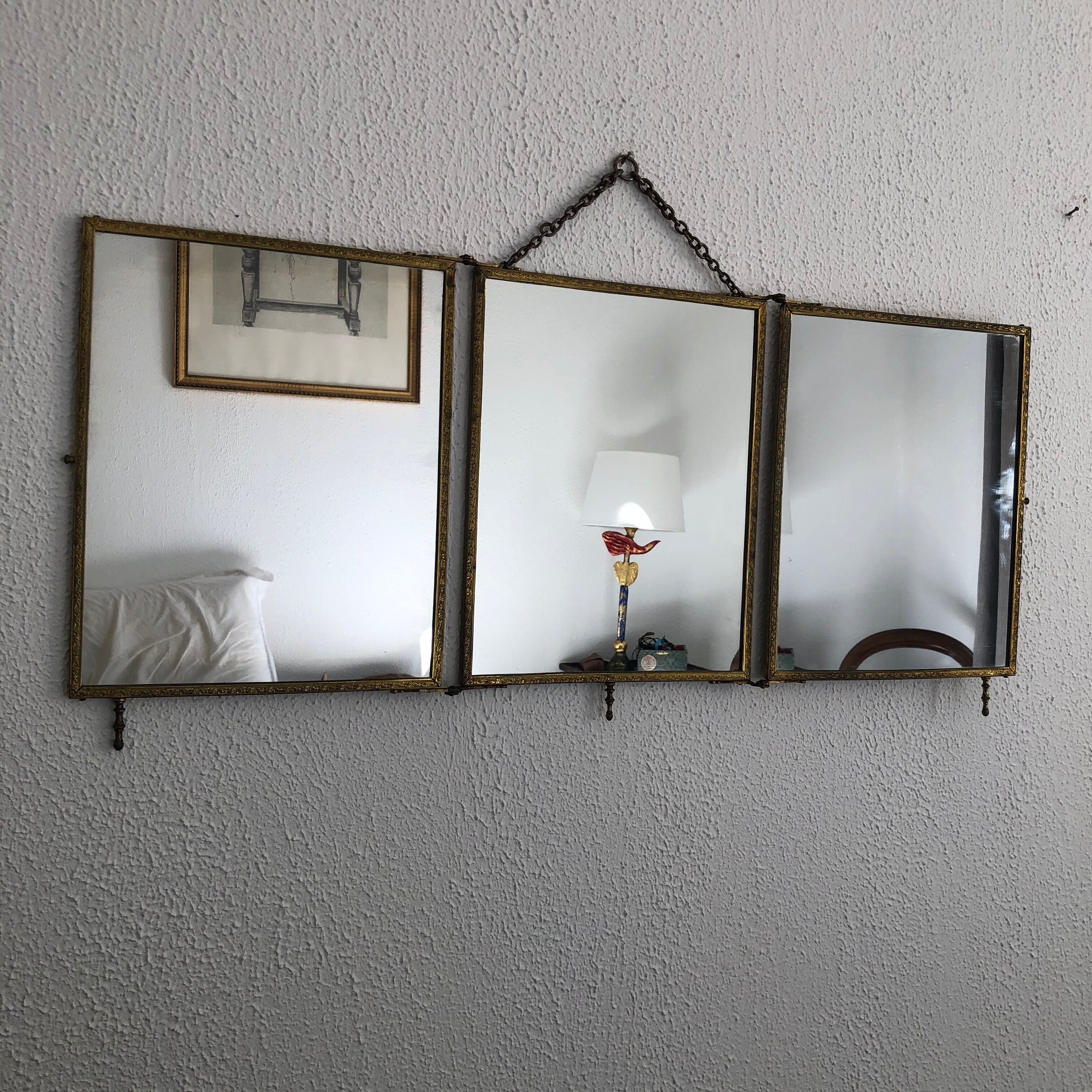 Vintage brass barber triptych mirror 1920 - 34 x 76 cm