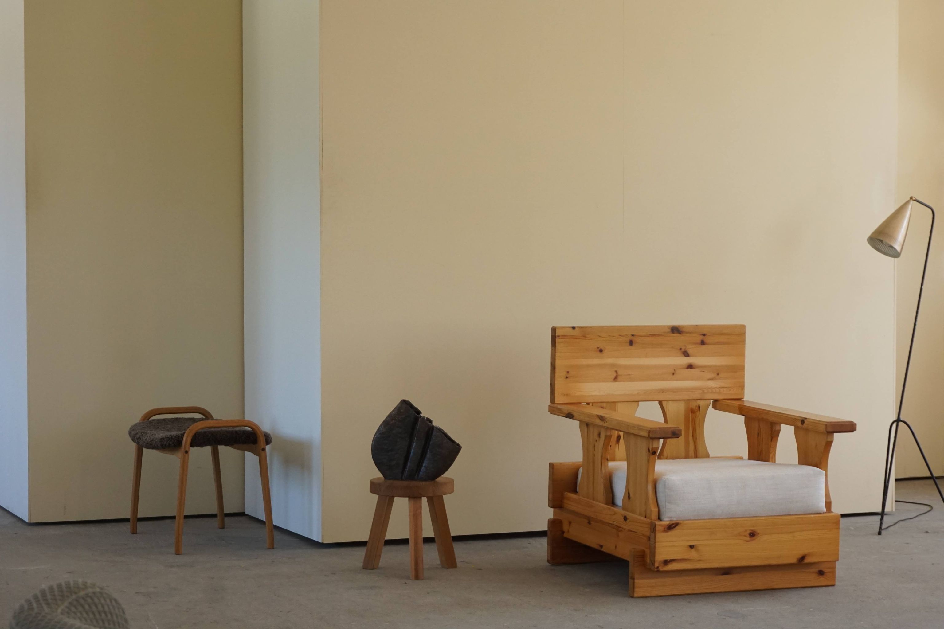 Mid century brutalist solid pine lounge chair with new upholstery, sweden, 1970s