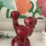 Burgundy enameled ceramic candlestick / candelabra signed CS