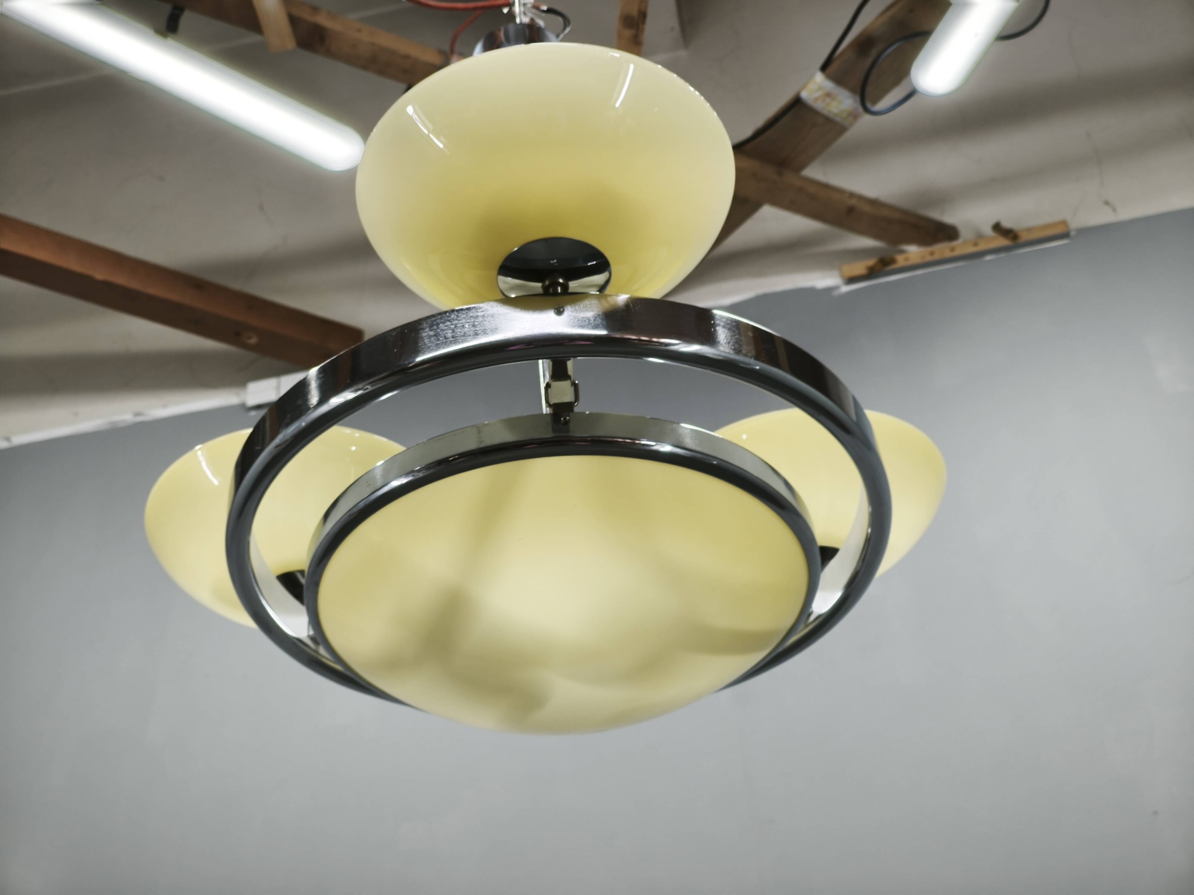 Czech Art Deco Opaline Glass Chandelier, 1940s