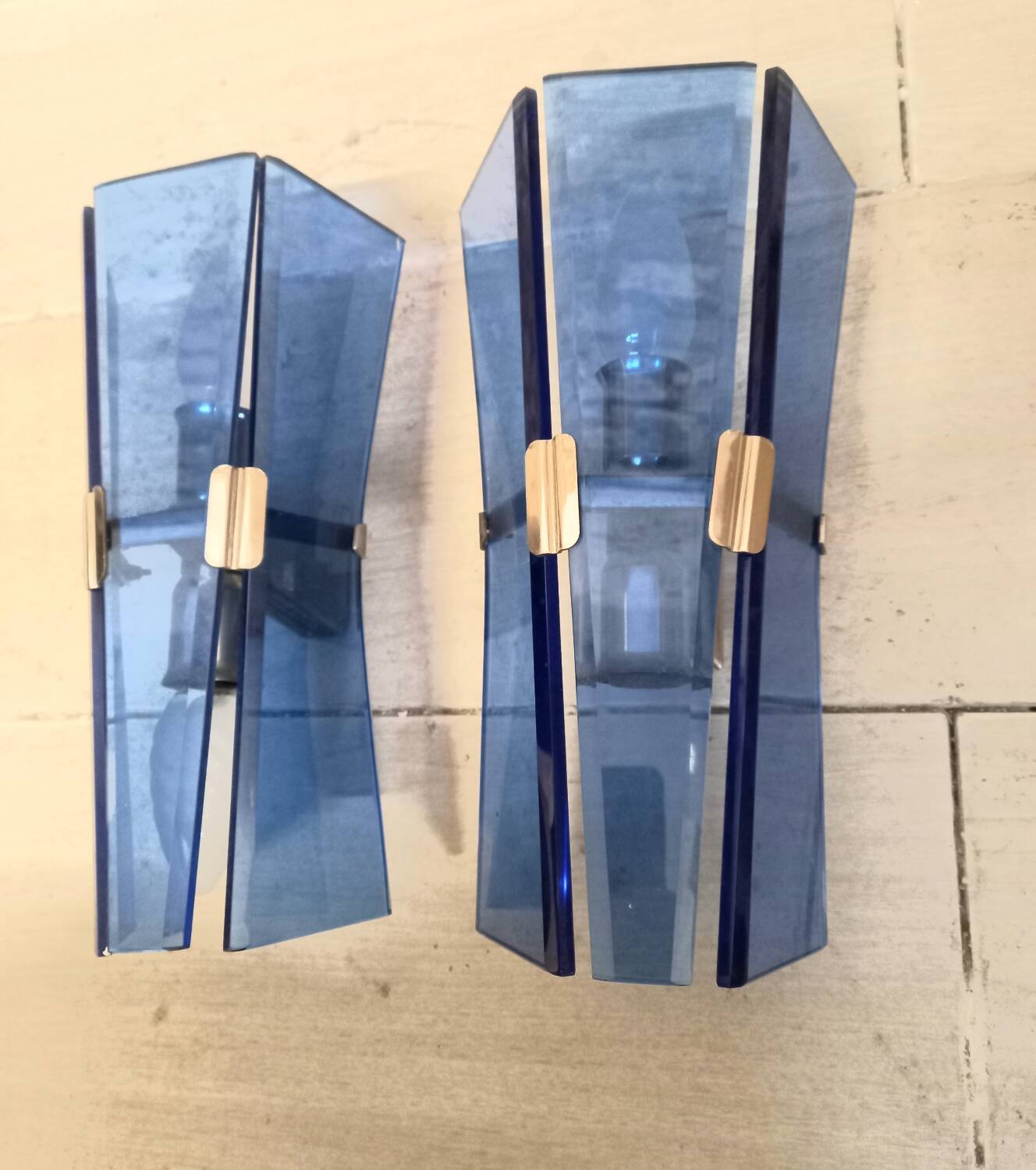 Pair of walllamps 70s blue glass