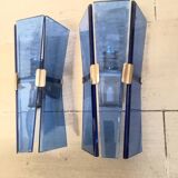 Paire d'appliques murales années 70 en verre bleu