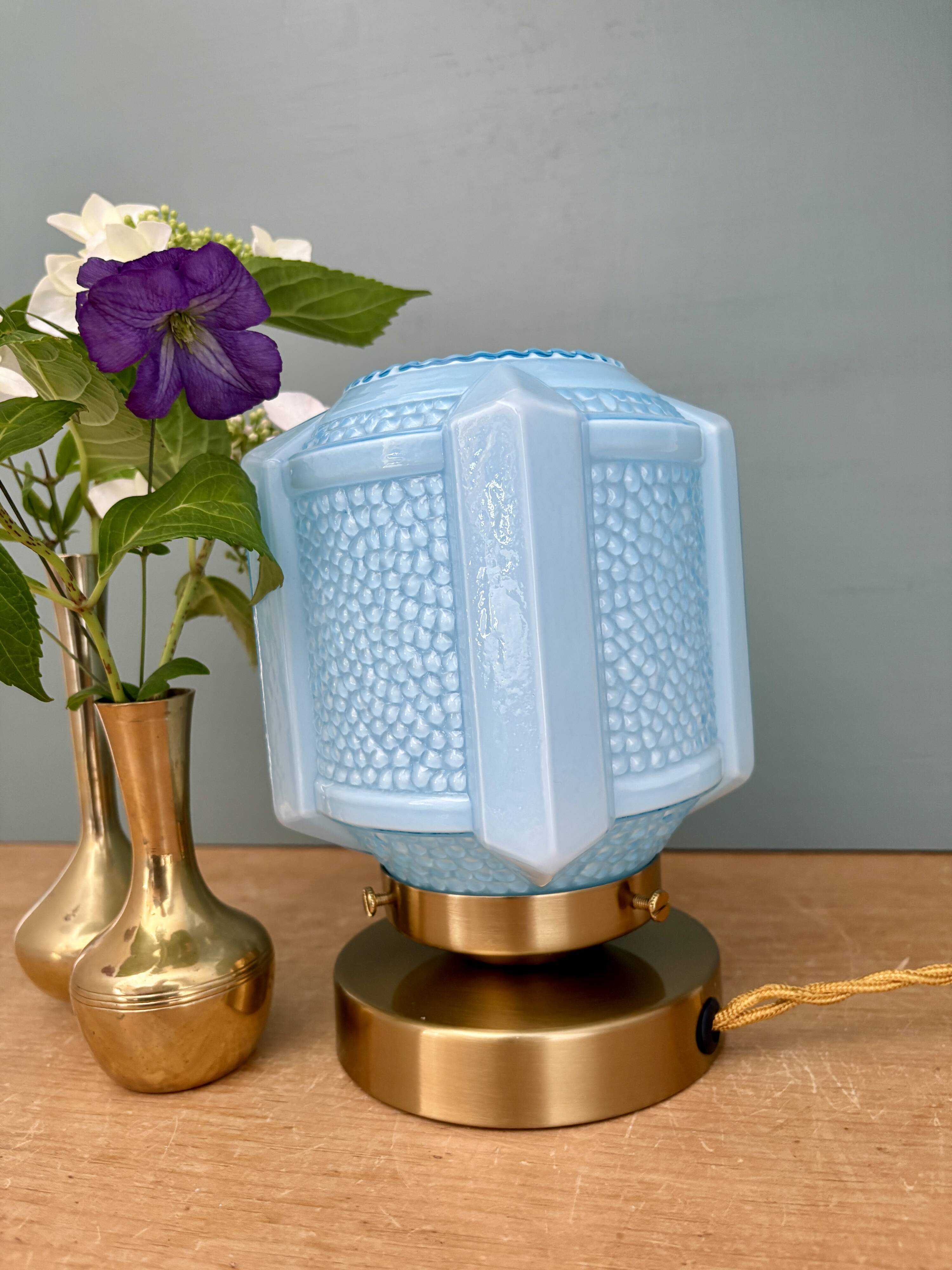 Vintage art deco globe table lamp in blue opaline