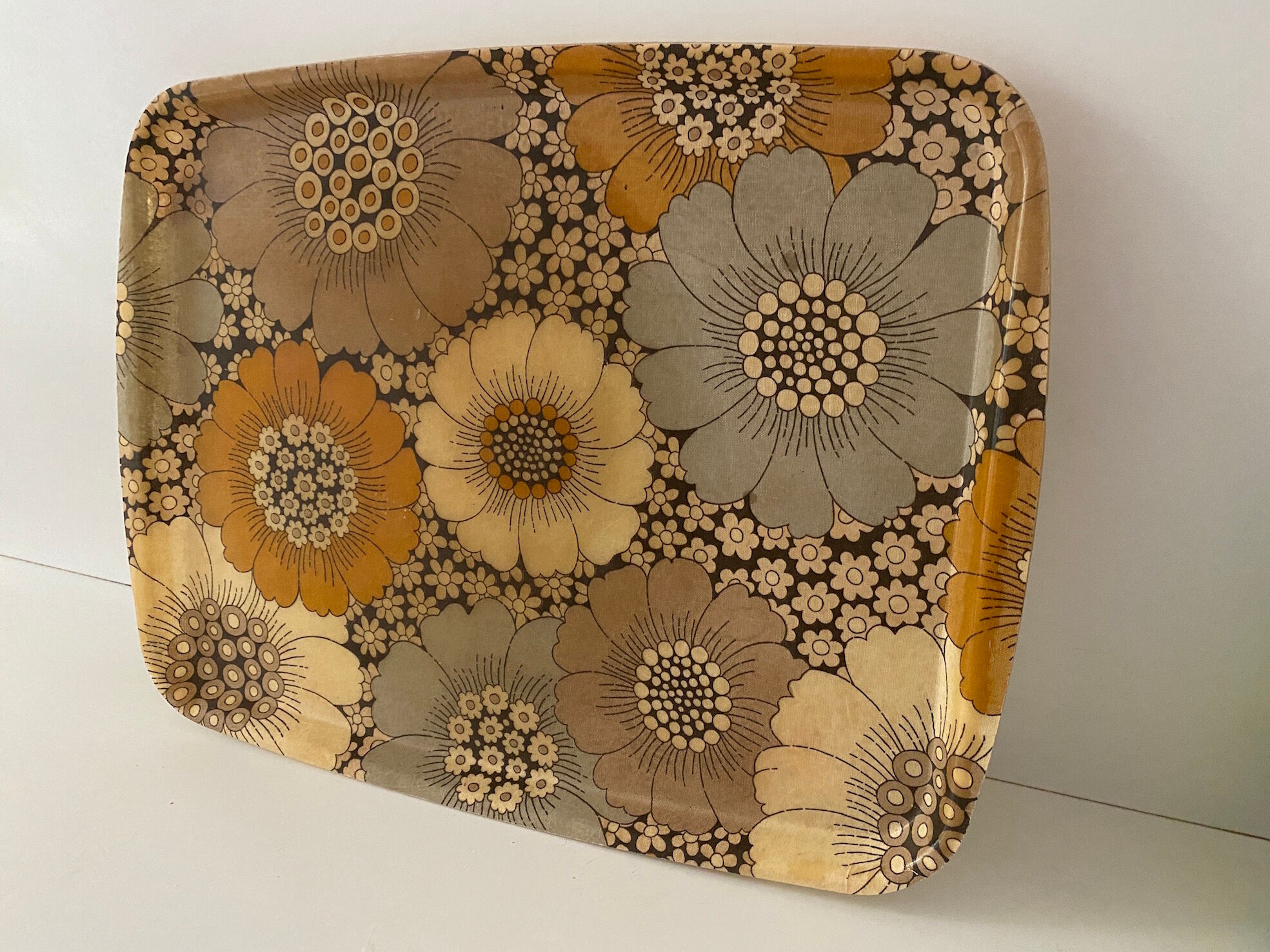 Vintage tray 60s / 70 resin fabric floral pattern, alpac diffusion, france