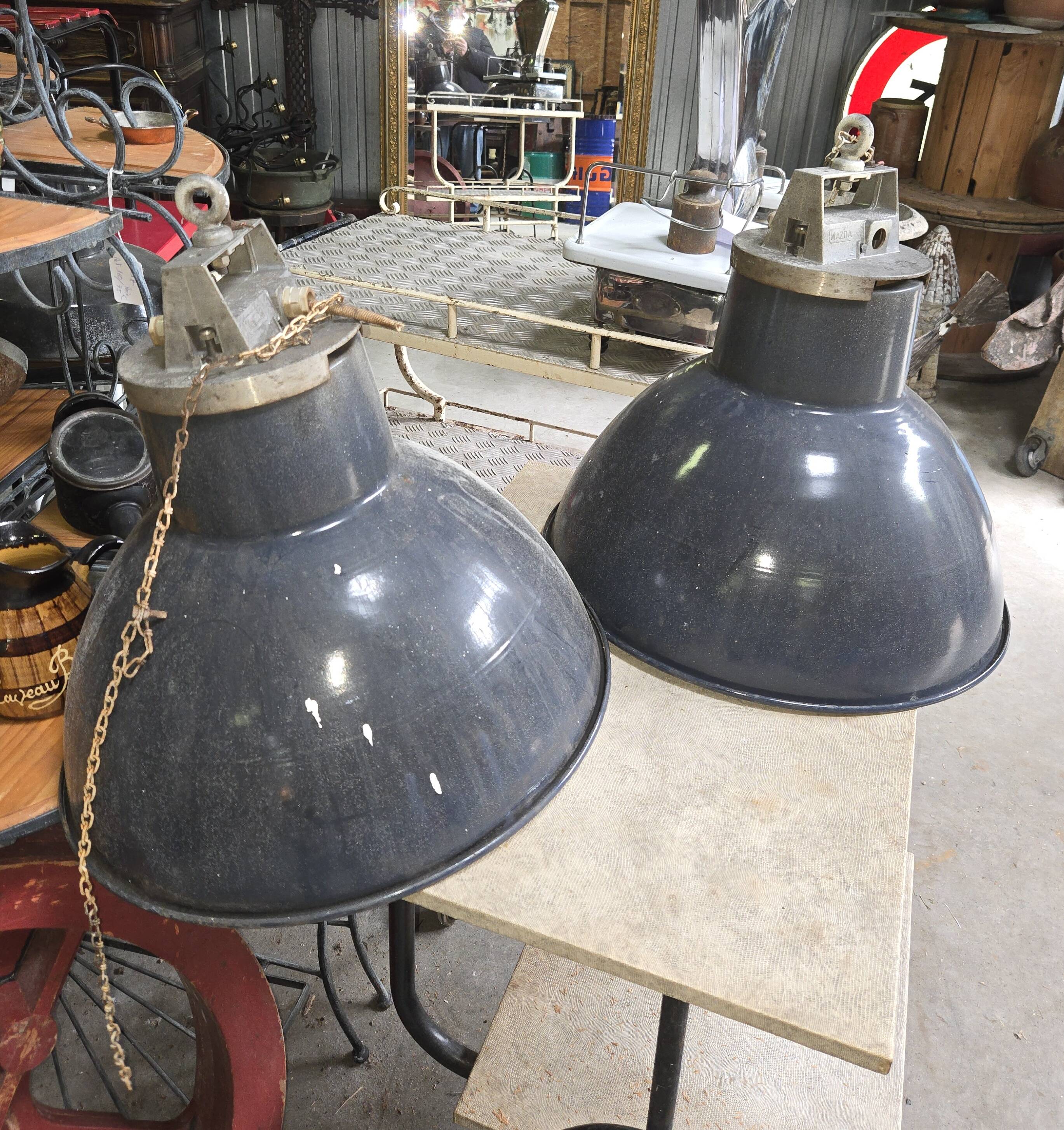 Pair of industrial Mazda pendant lights in enamelled sheet metal – Ø 52 cm