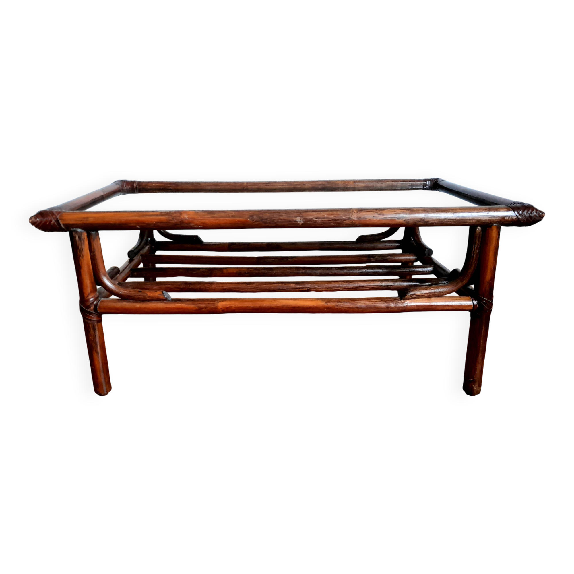 Vintage rattan and smoked glass coffee table 1960