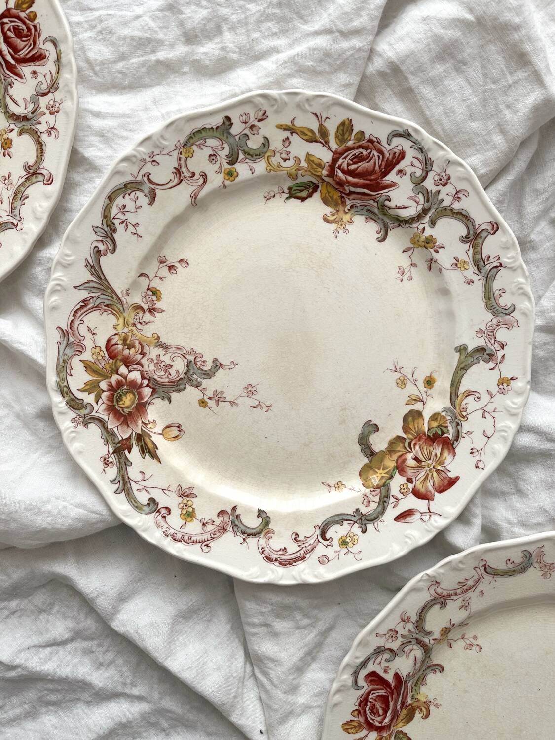 6 polychrome ironstone dinner plates "Wentworth" by Emile Bourgeois