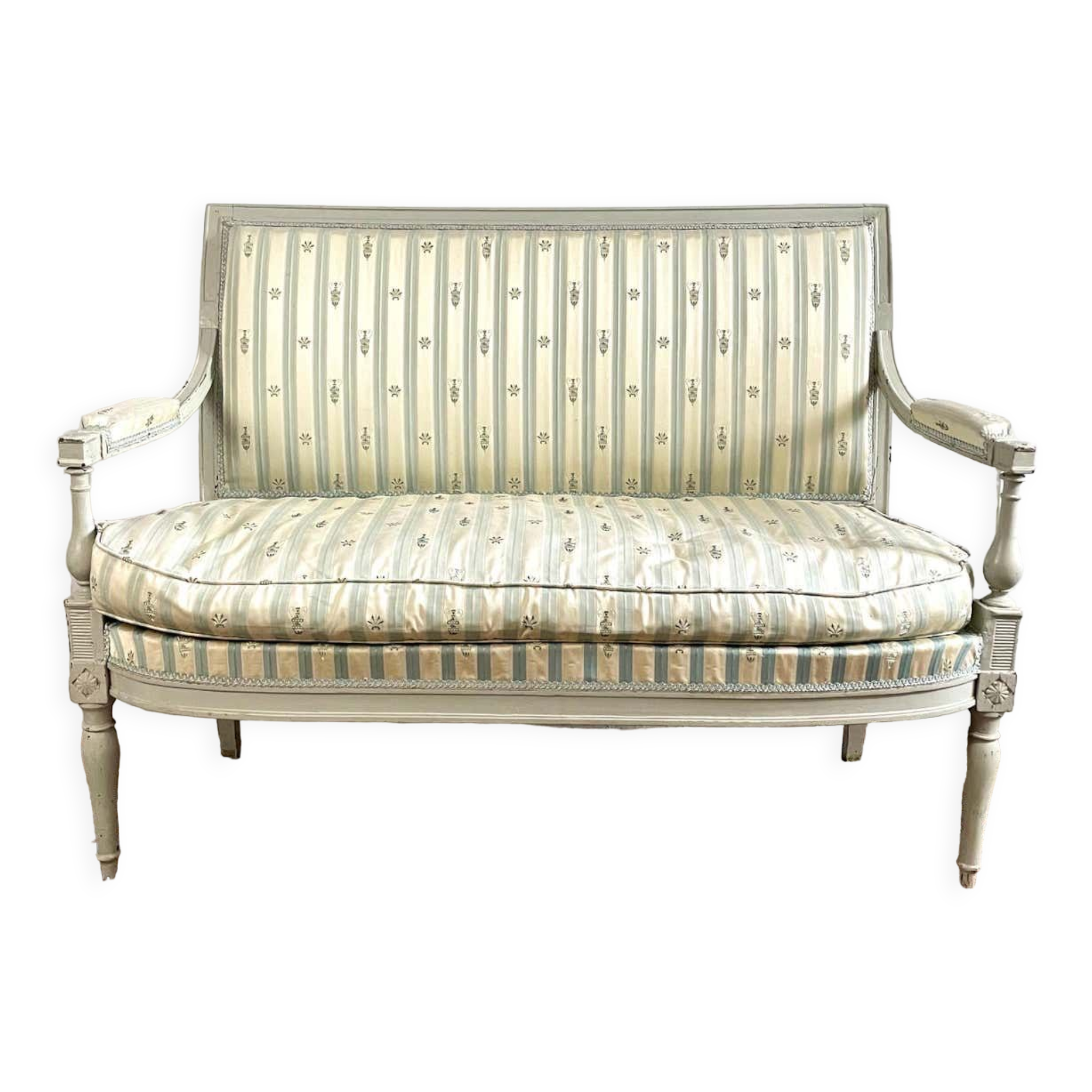 Directoire French silk sofa bench with blue, grey and white 18th century patterns