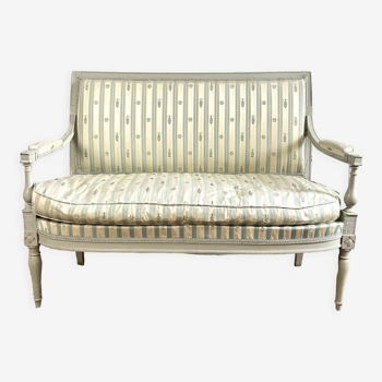 Banquette Directoire français en soie à motifs bleu, gris et blanc 18ème