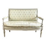 Directoire French silk sofa bench with blue, grey and white 18th century patterns