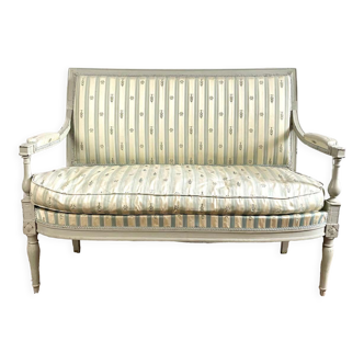 Banquette Directoire français en soie à motifs bleu, gris et blanc 18ème