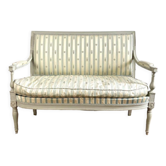 Directoire French silk sofa bench with blue, grey and white 18th century patterns