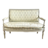 Directoire French silk sofa bench with blue, grey and white 18th century patterns