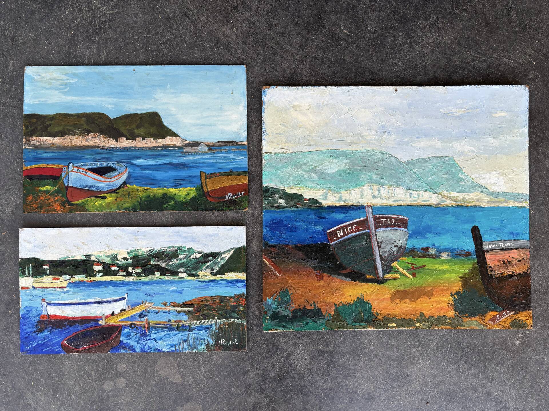 Suite de 3 huiles sur panneaux - paysages marins