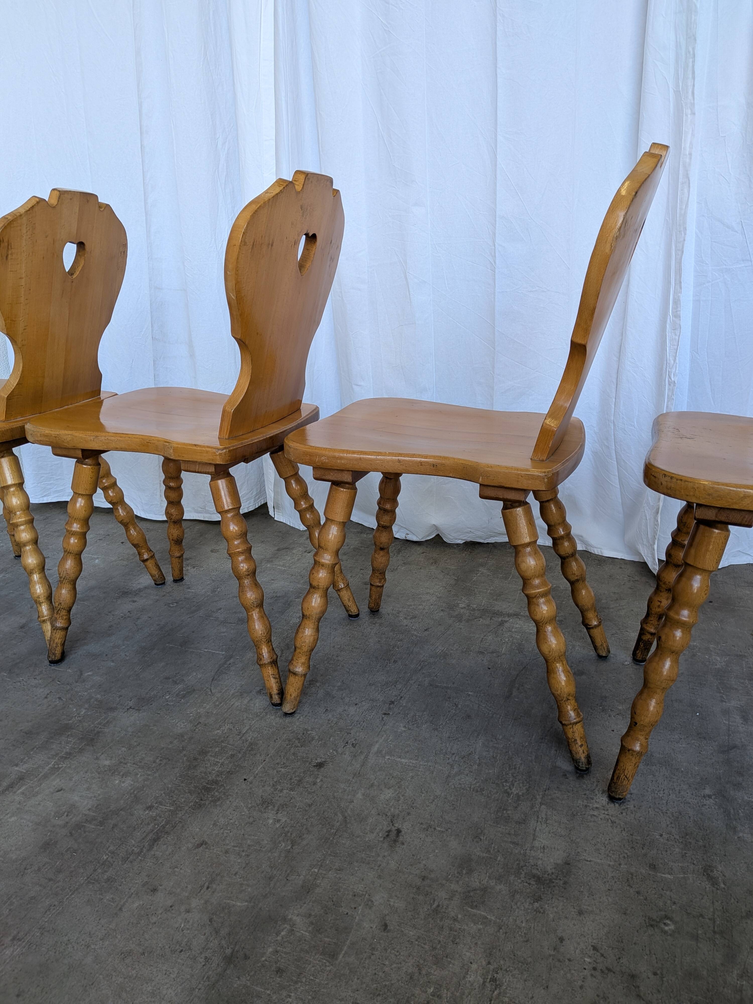 Set of 4 Vintage Tyrolean Heart Cutout Wooden Dining Chairs