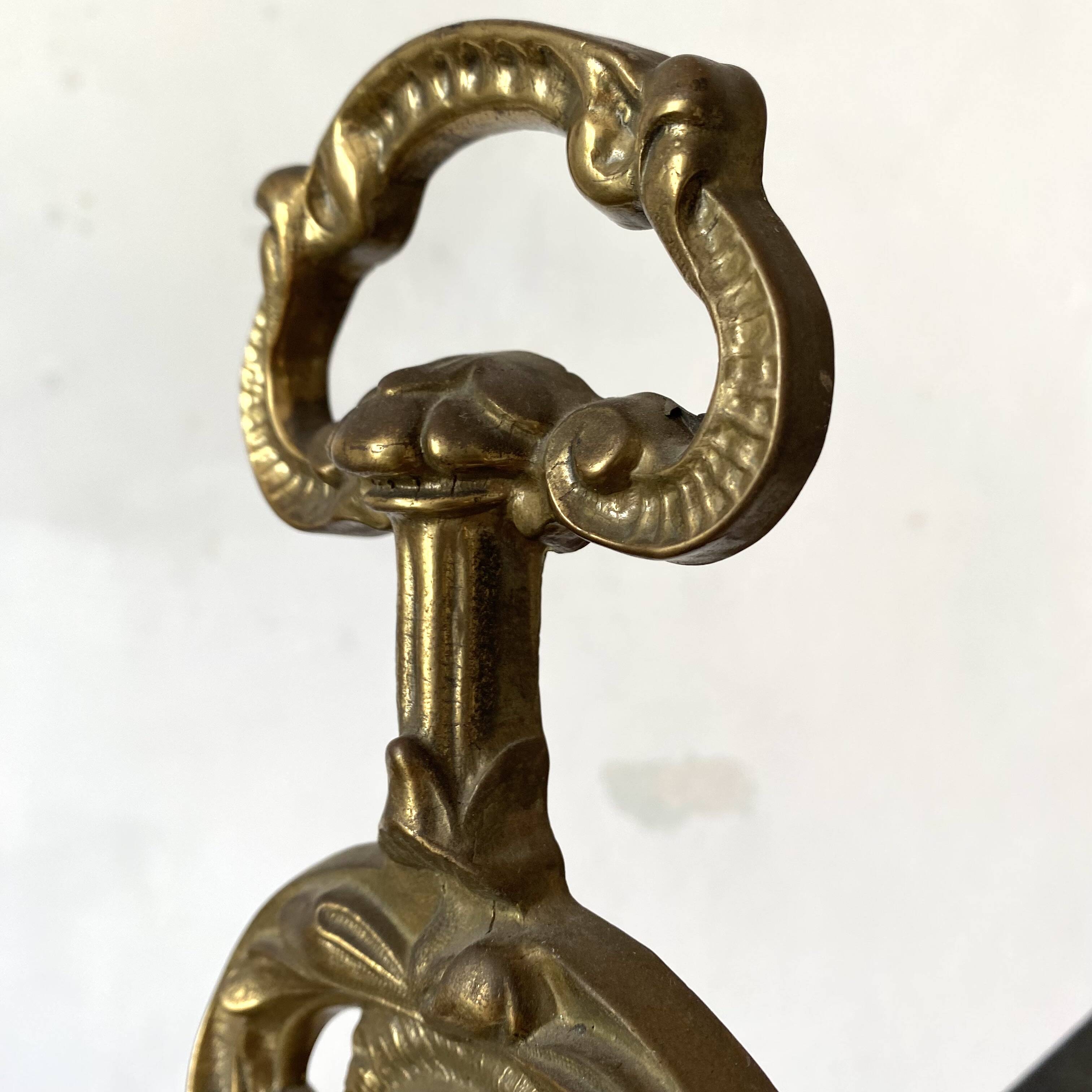 Pair of brass andirons, lion head