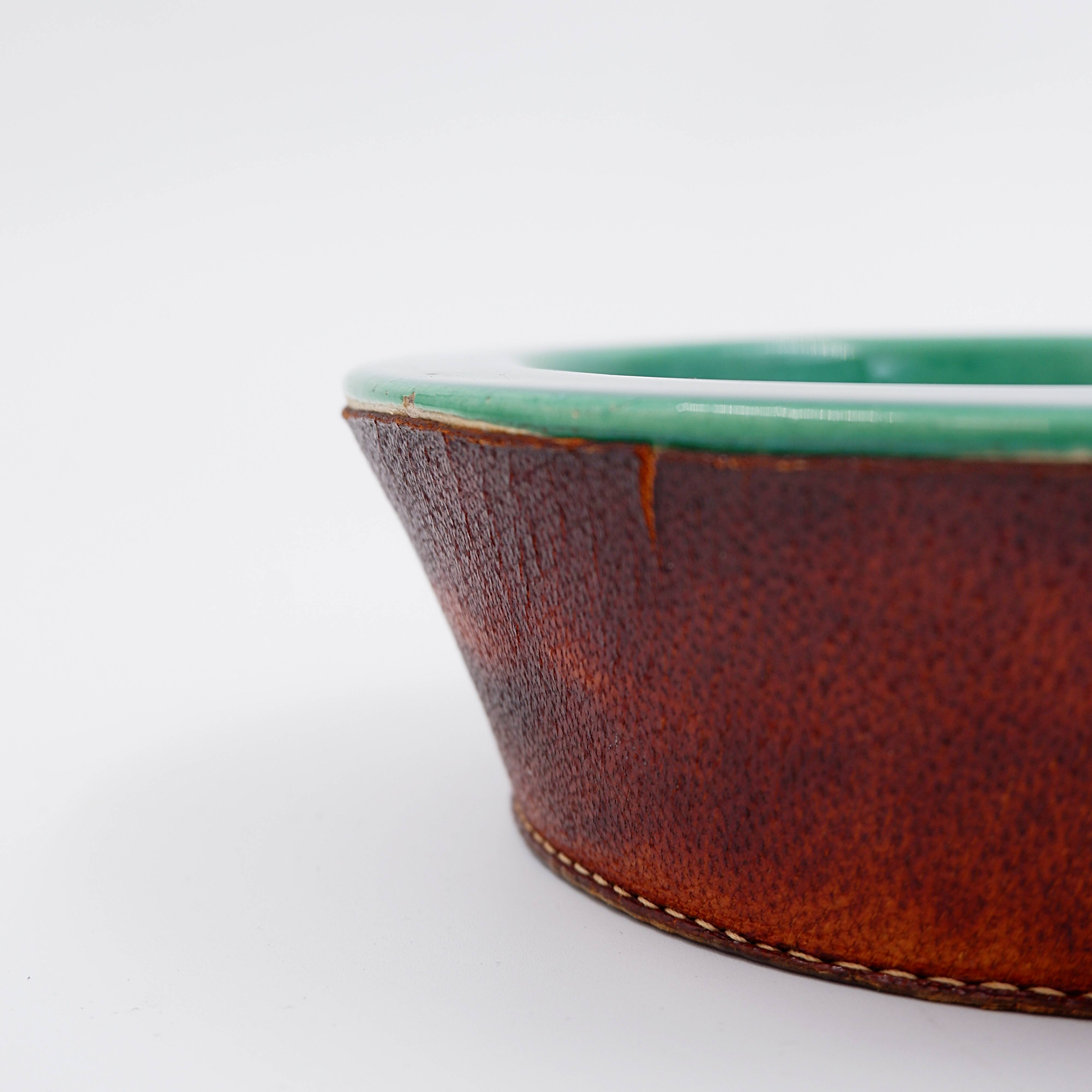 Vintage ceramic and leather ashtray from the 1950s