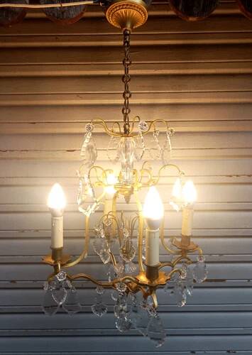 Rare antique cage chandelier in gilded bronze and crystal, 4 lights / WORKING CONDITION GAU?