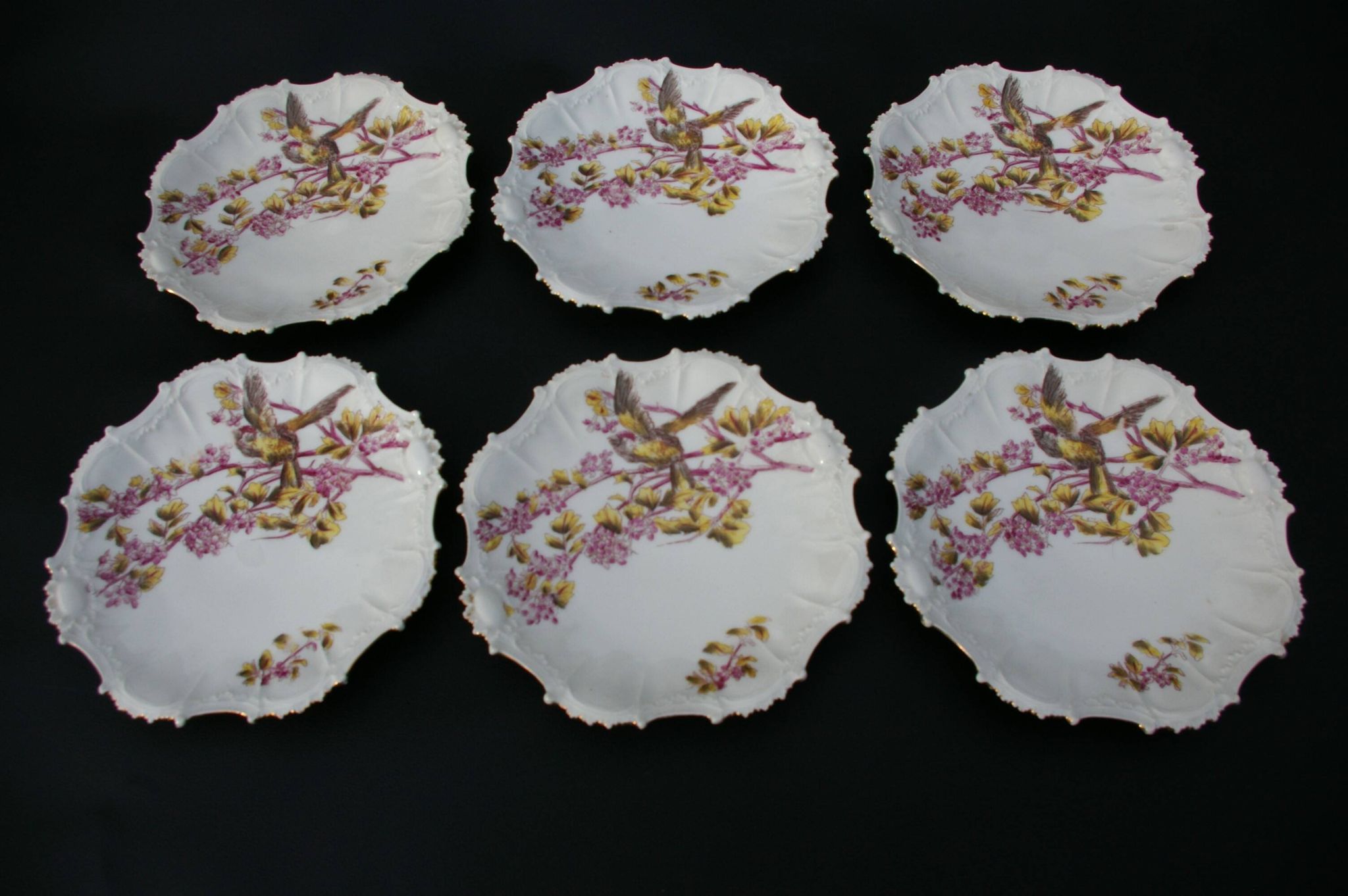 6 Limoges porcelain dessert plates 1900 - Bird decor