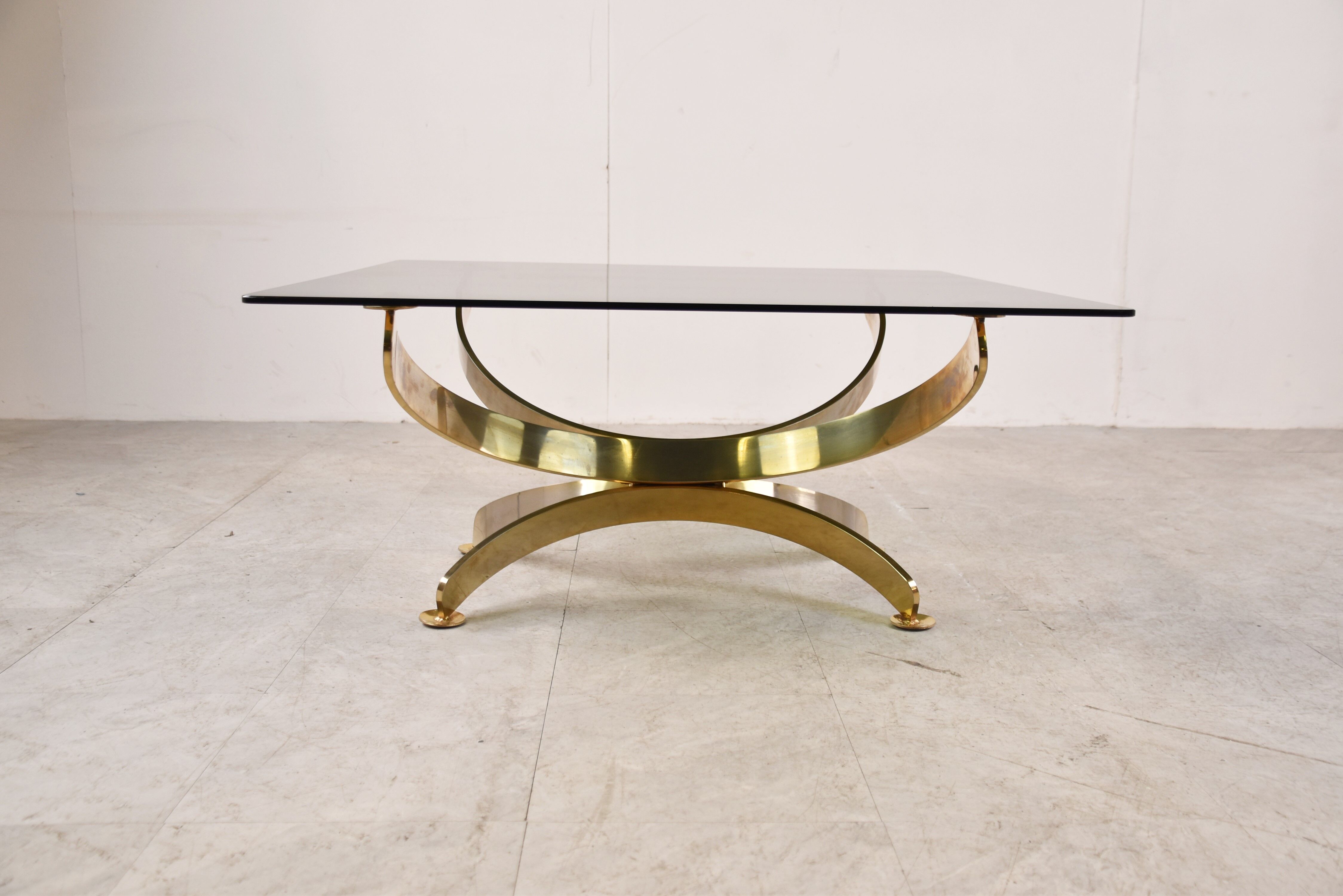 Brass and smoked glass italian coffee table, 1970s