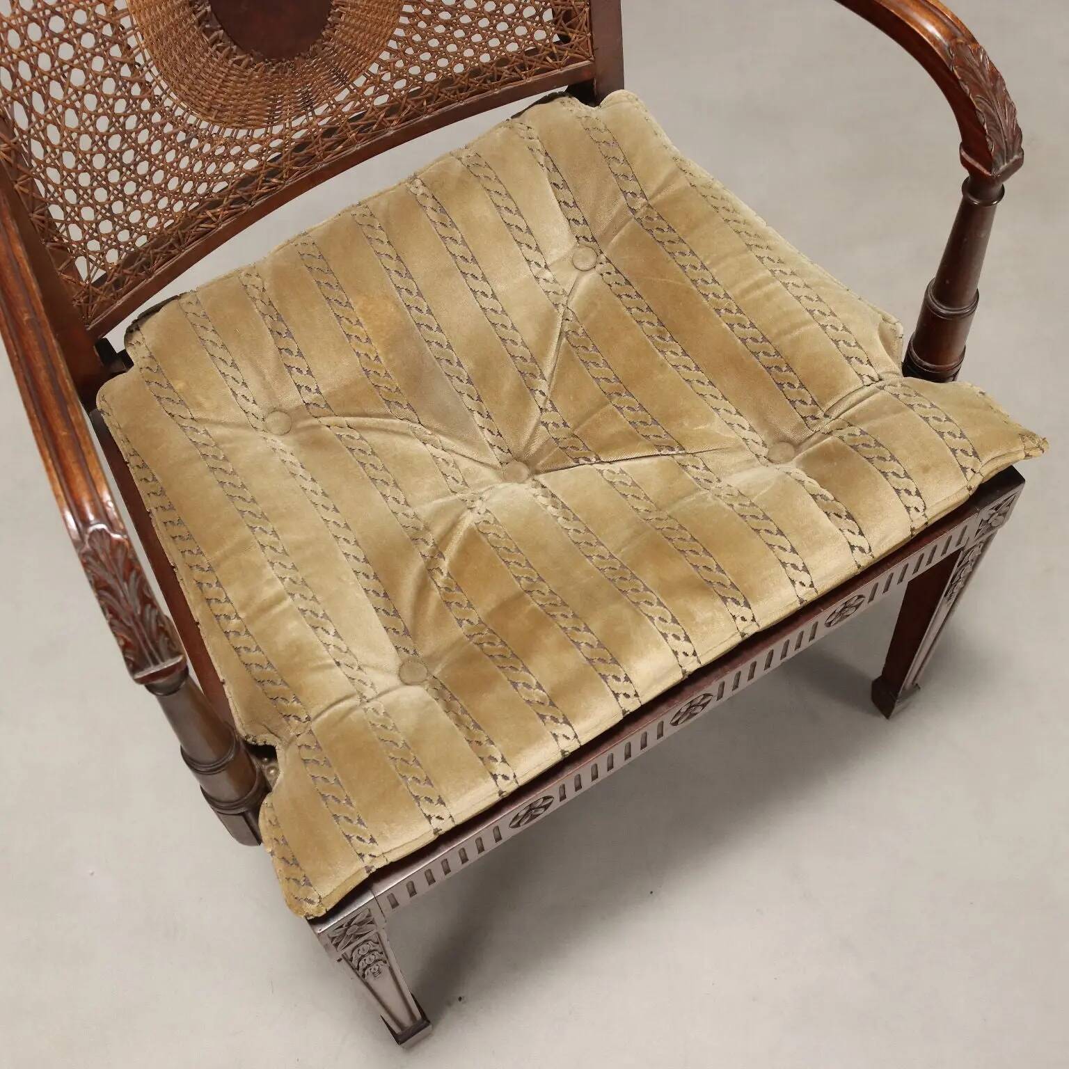 Antique beech armchair stained walnut and fabric, Italy, 19th century