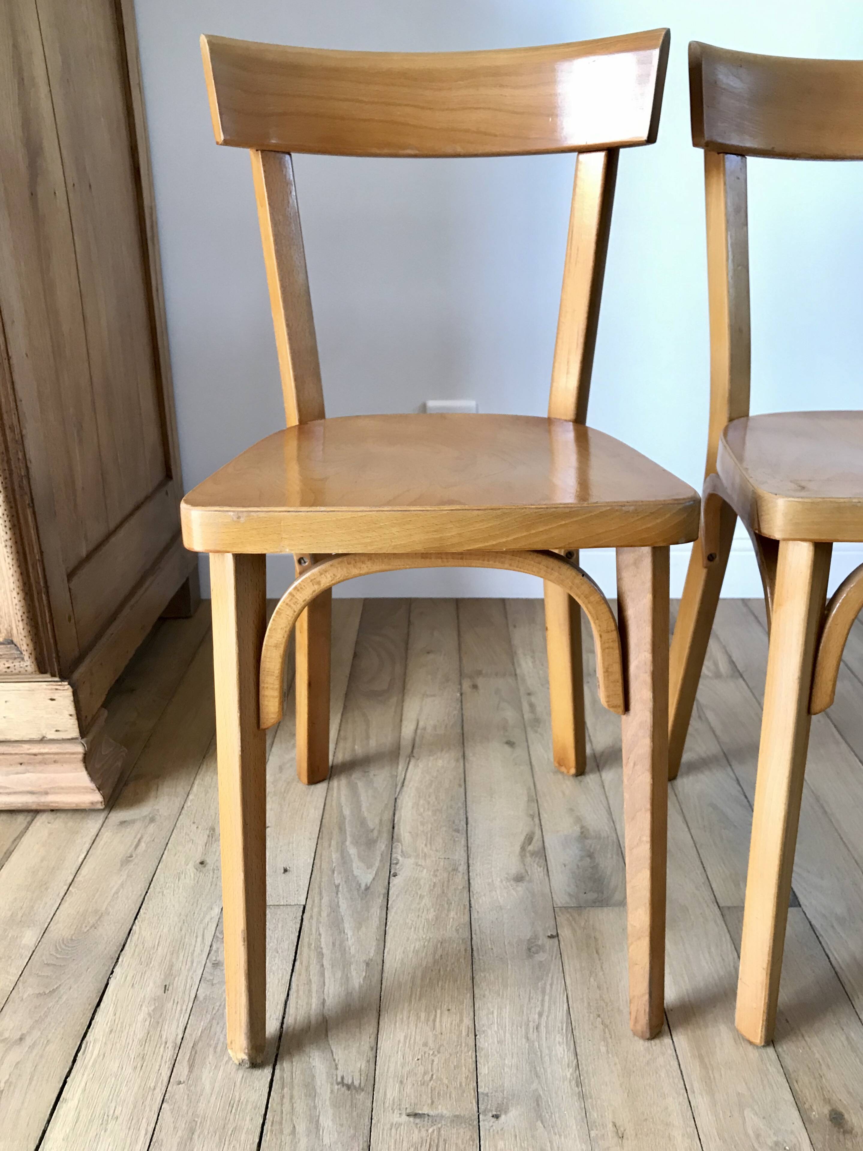 Set of 4 baumann bistro chairs in blond wood / honey stamped 40-50 years
