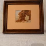 Tableau ancien, aquarelle représentant une falaise en bord de mer