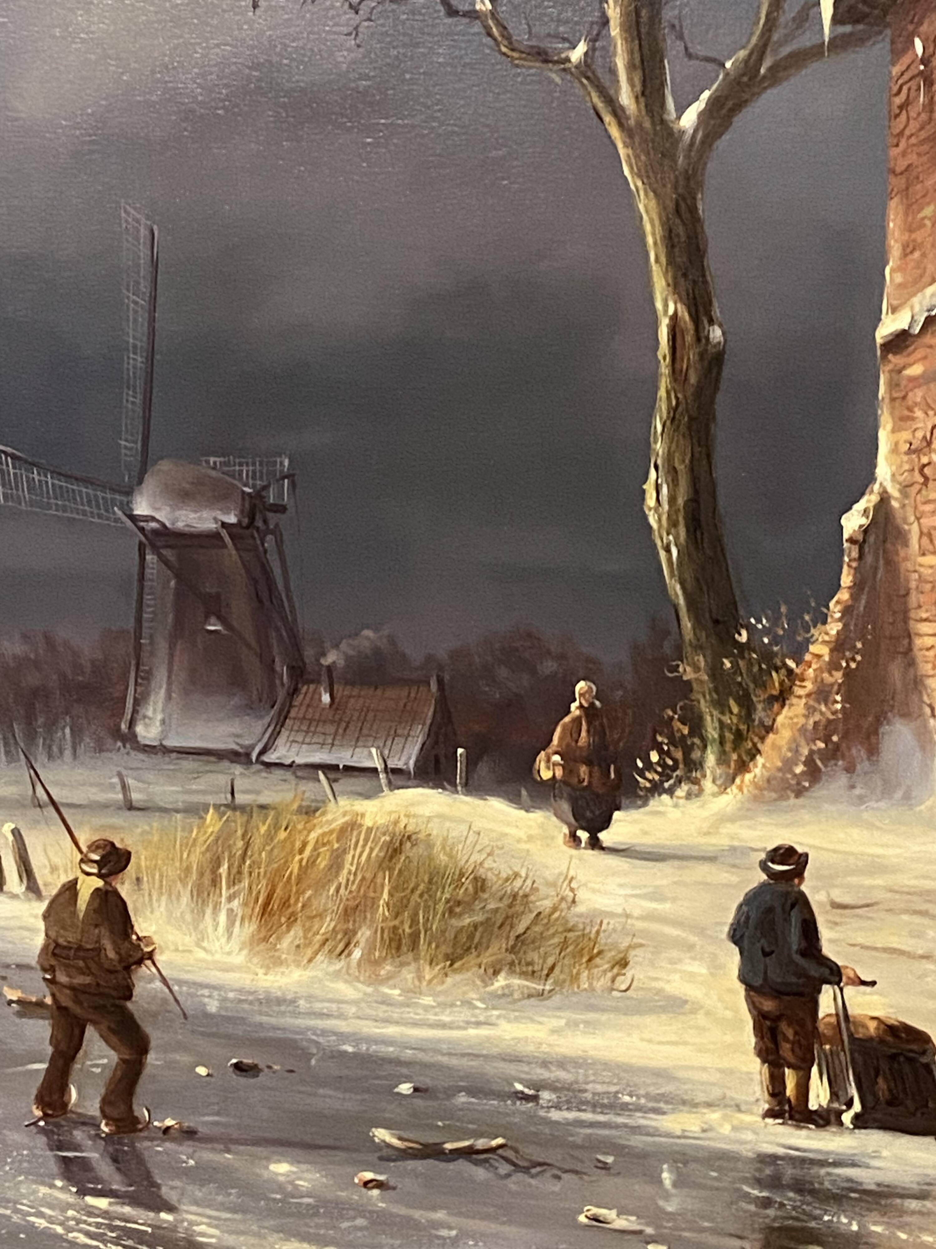 Huge oil painting on canvas Dutch school winter landscape 164x132