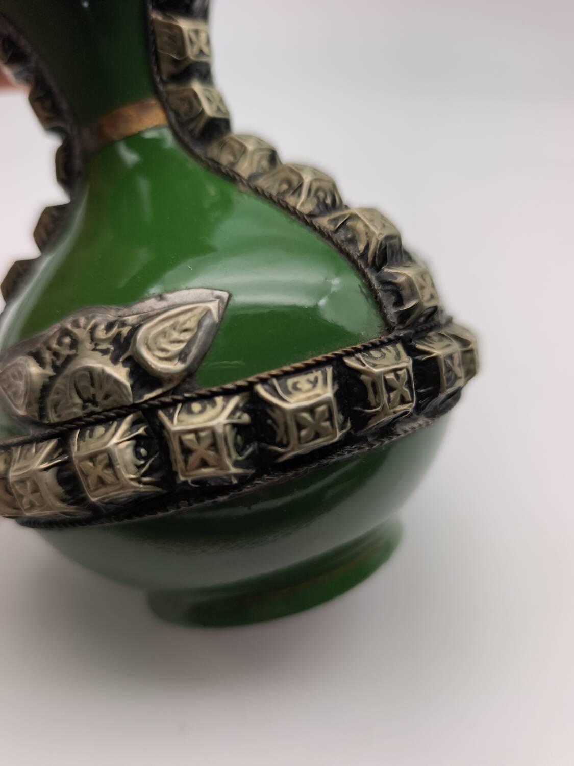 Antique green glazed ceramic vase with relief decoration – Europe