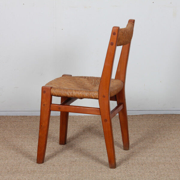 Suite de 6 chaises paillées en orme massif, travail français, 1950