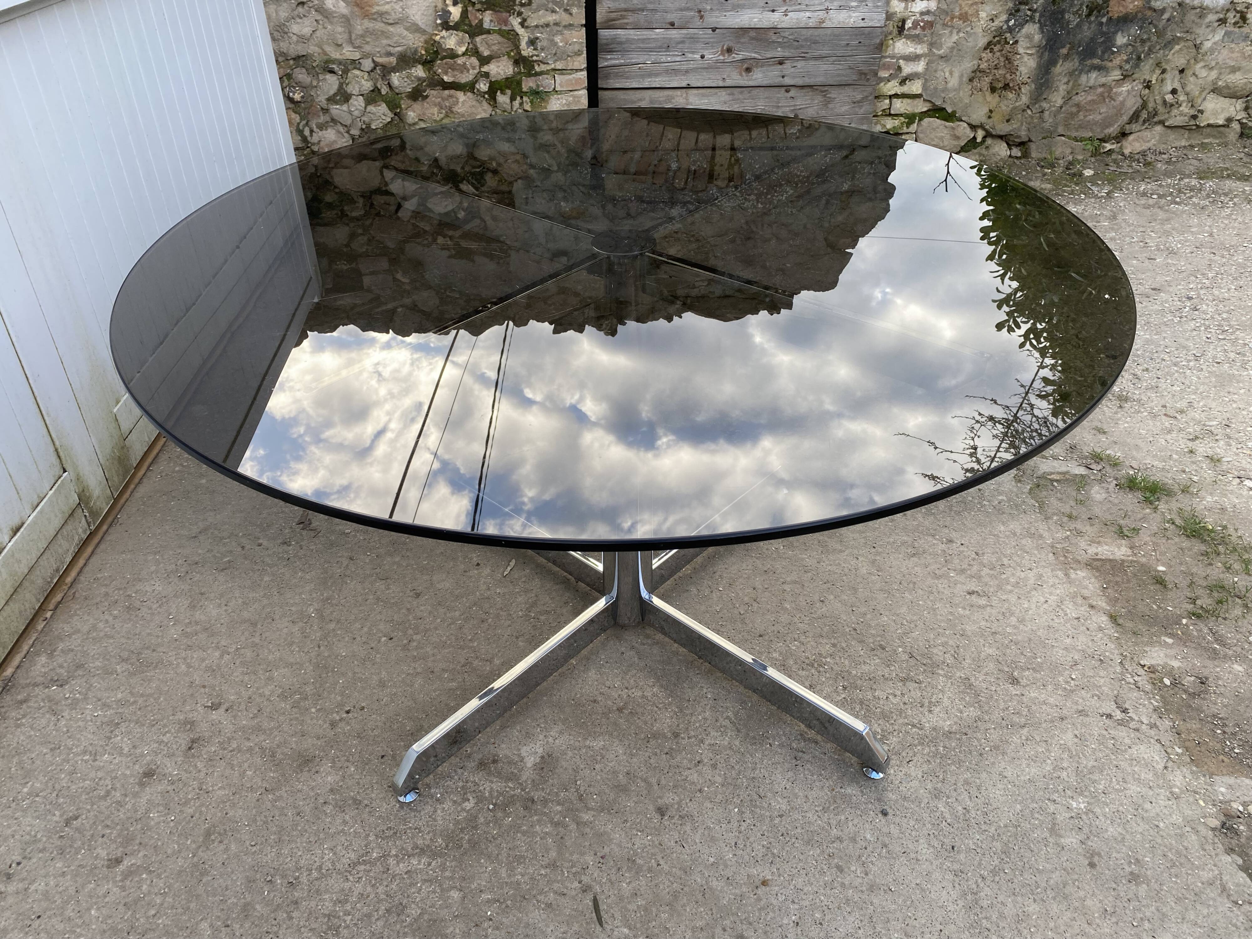 Smoked glass round table chrome Florence Knoll Roche Bobois an70