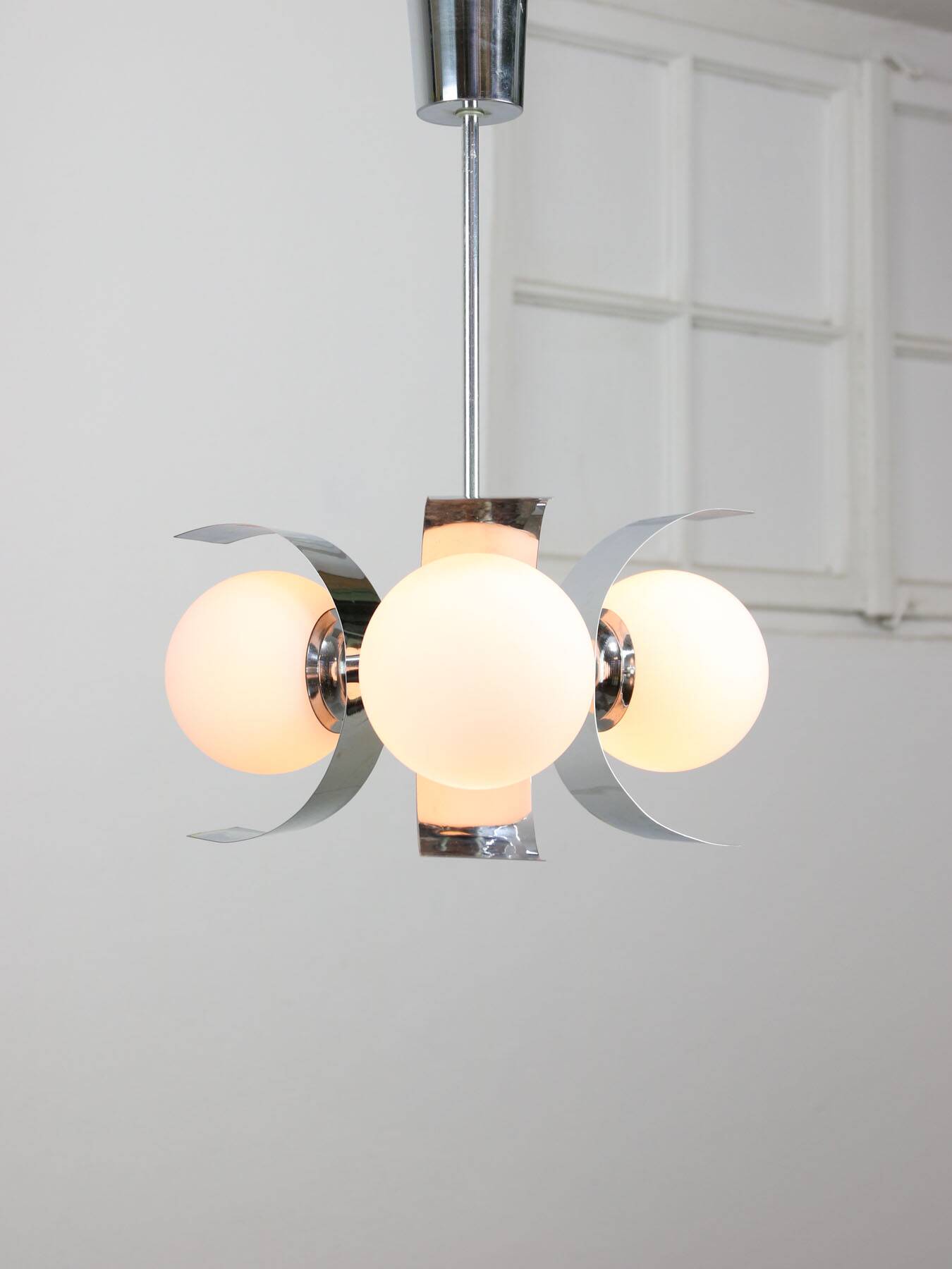 Vintage italian chrome and opaline chandelier, 70s