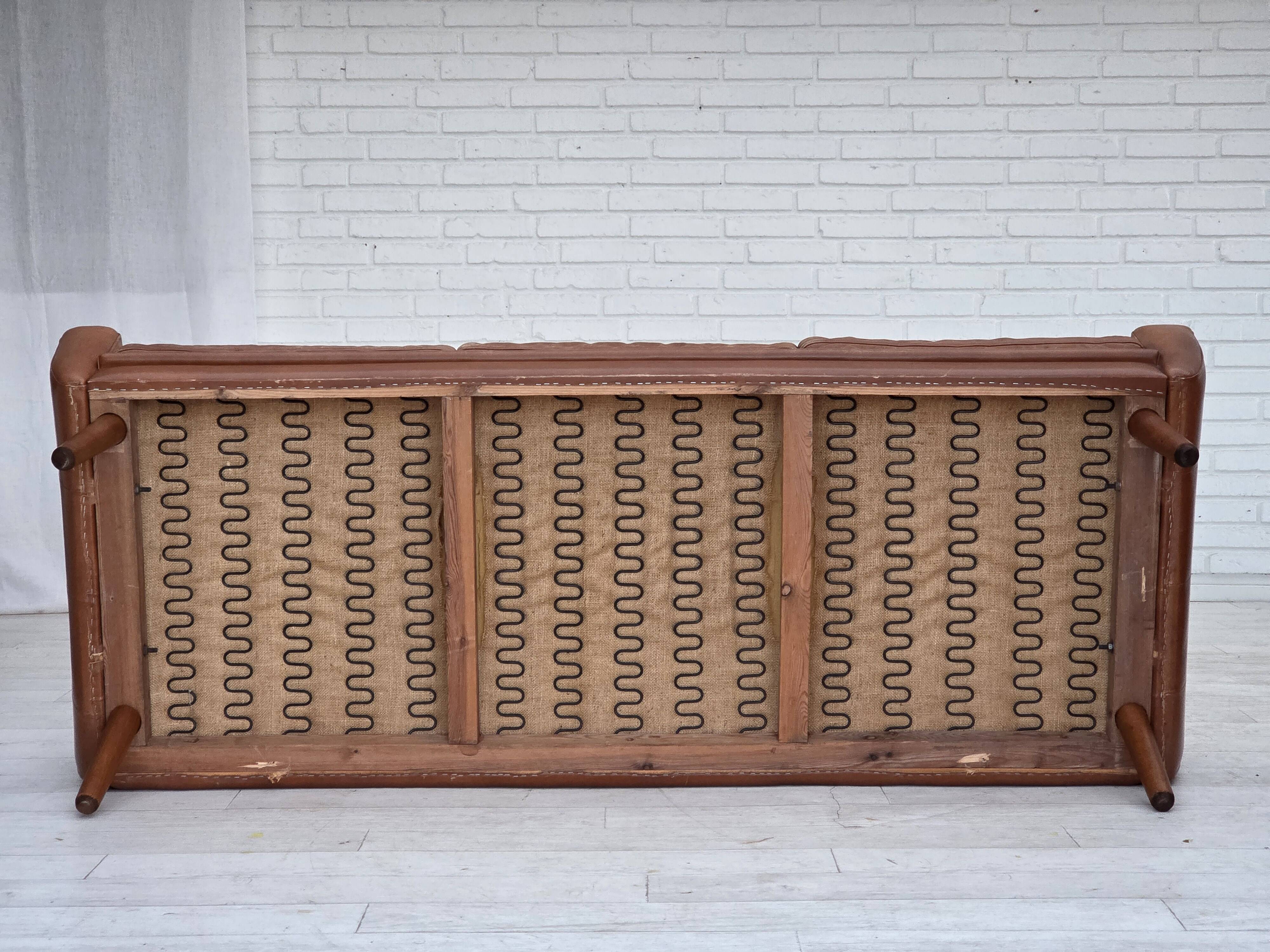 1970s, 3-seater Danish sofa, brown furniture leather with patina.