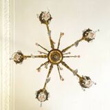 Lustre ancien en bronze à 5 bras avec verre de Murano rose et cristal