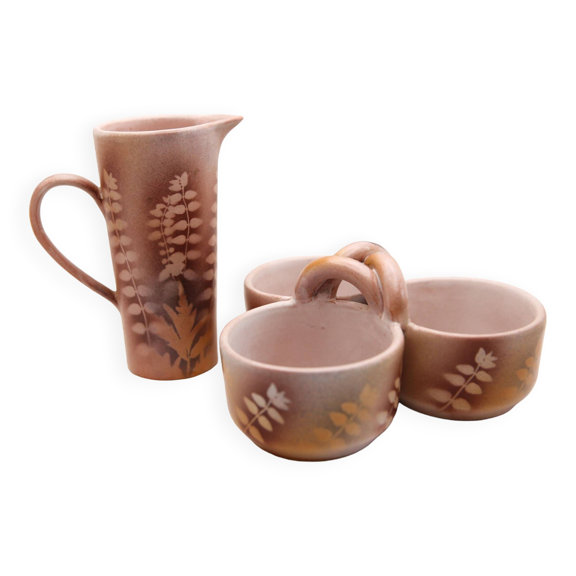 Lot of a pitcher and bowl with old pink flowers by Jean Austruy