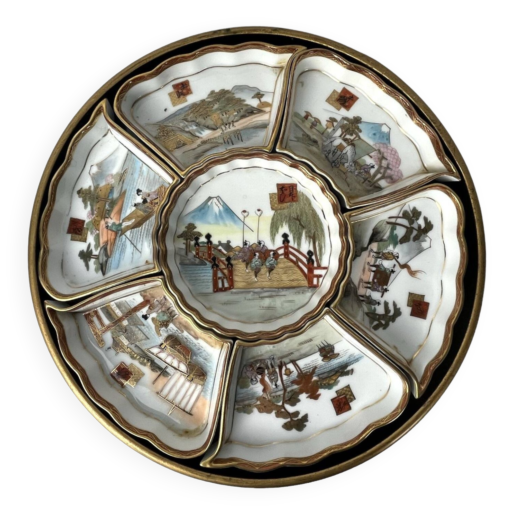 China, porcelain condiment set on lacquered tray, 20th century