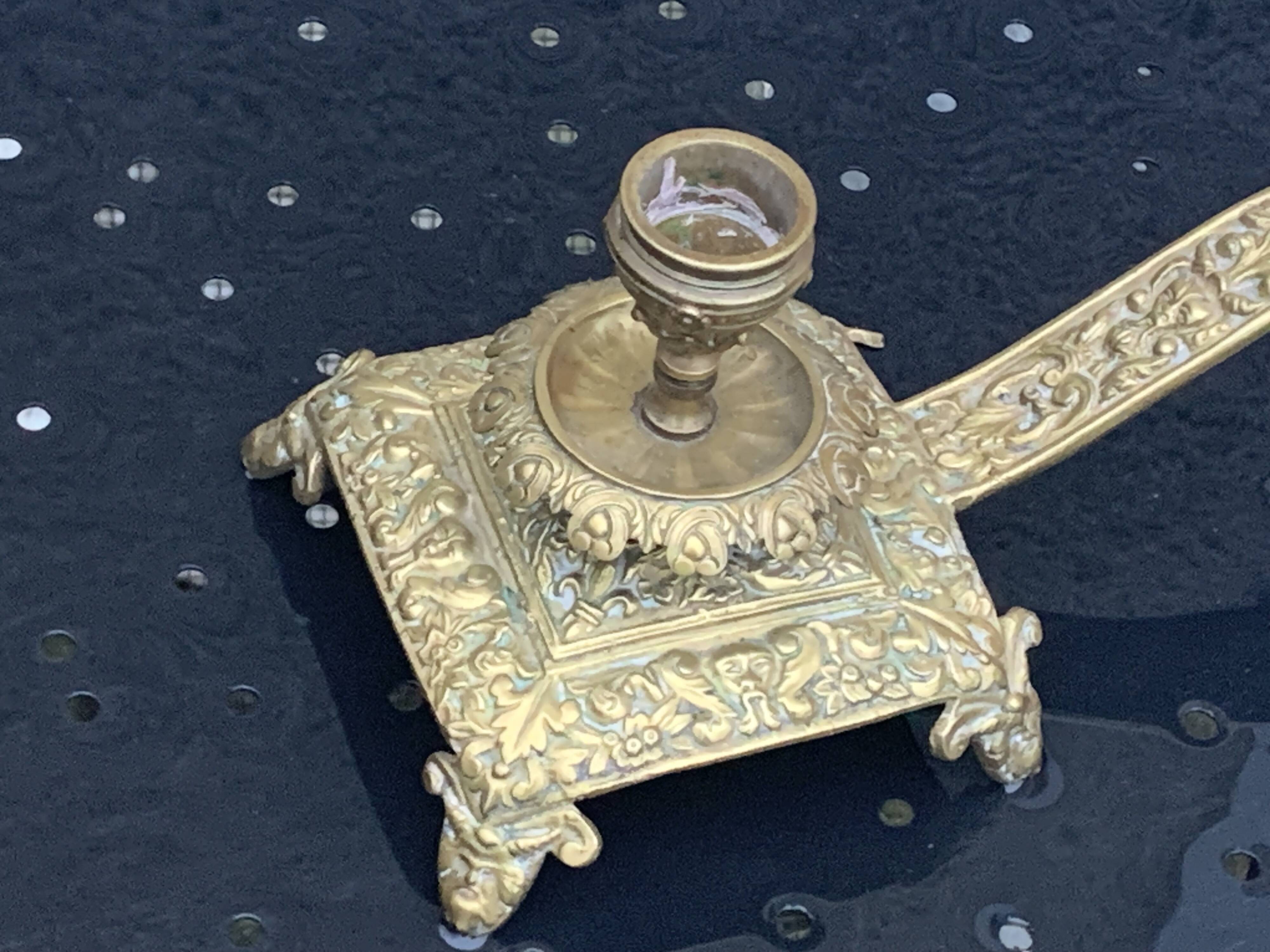 candle holder with handles, in vintage chiseled golden brass
