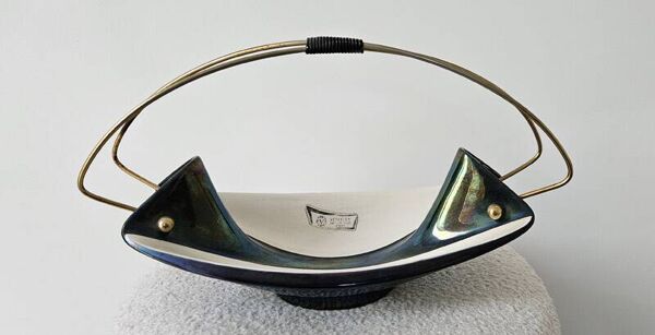 Coupe suspendue Verceram – Céramique irisée & laiton – Années 1950–60