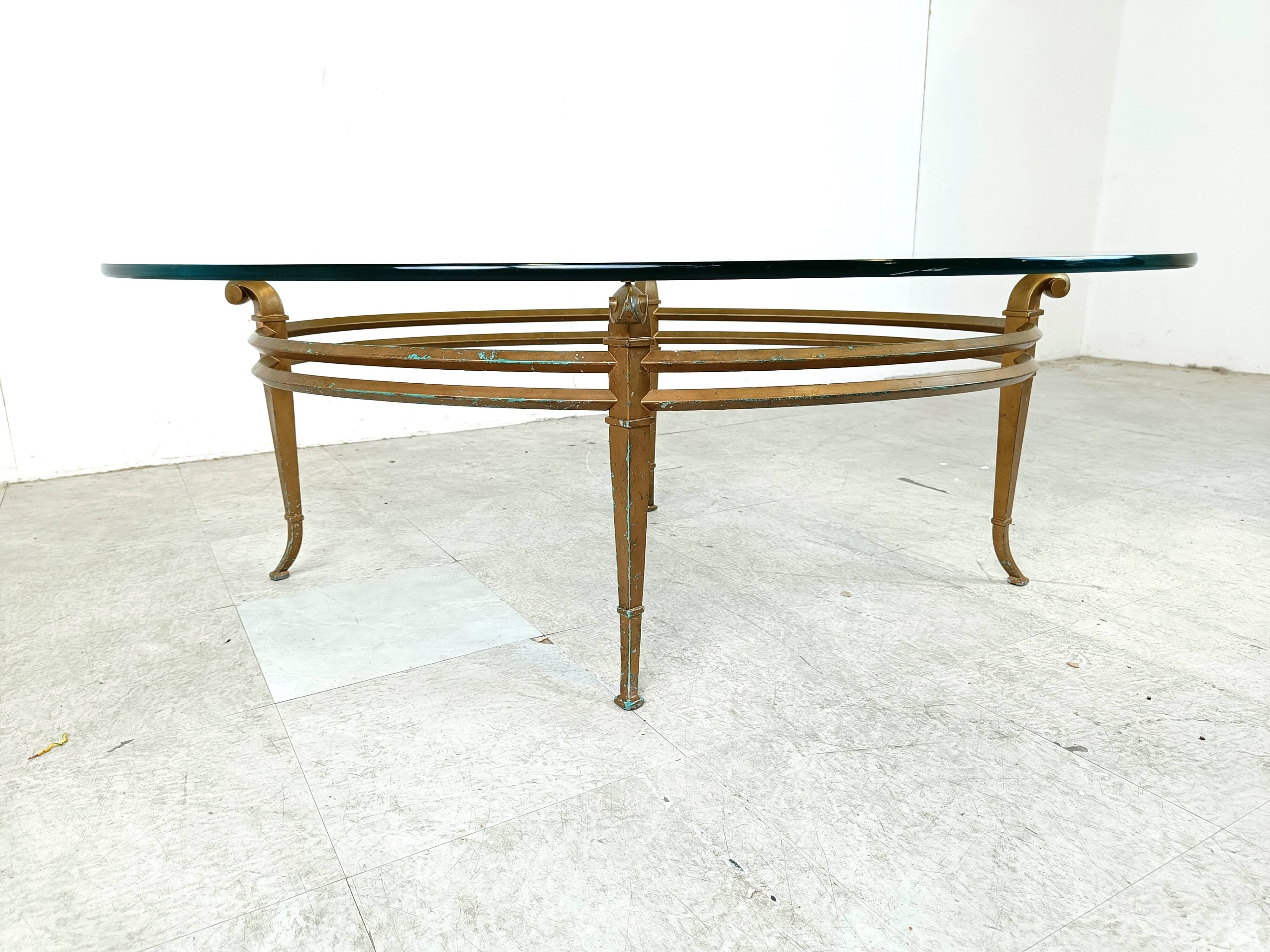 Vintage golden metal and oval glass coffee table, 1970s