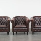 Set of three classic English-style Chesterfield cowhide  club armchairs